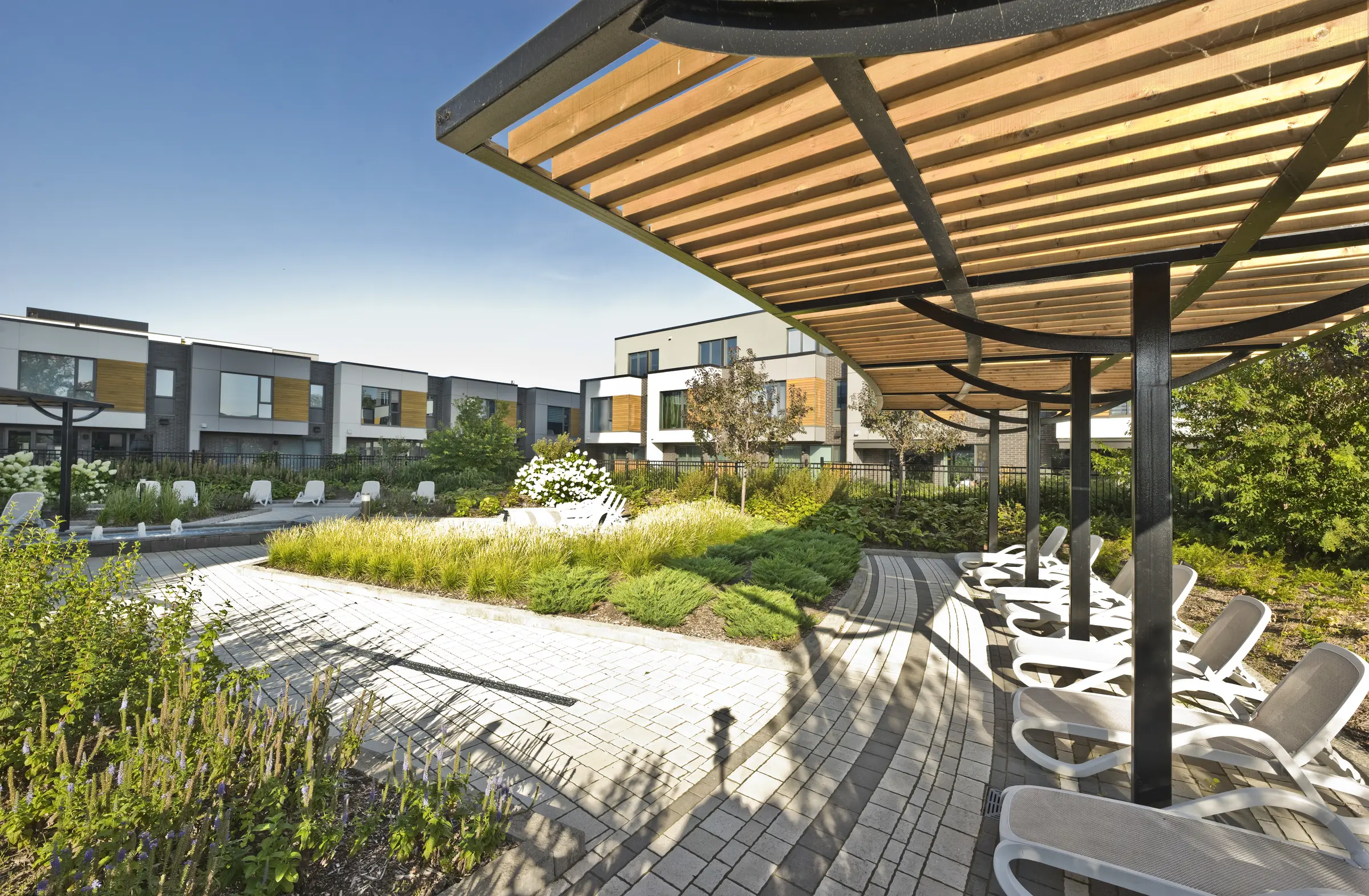 Pergola and greenery framing the pool