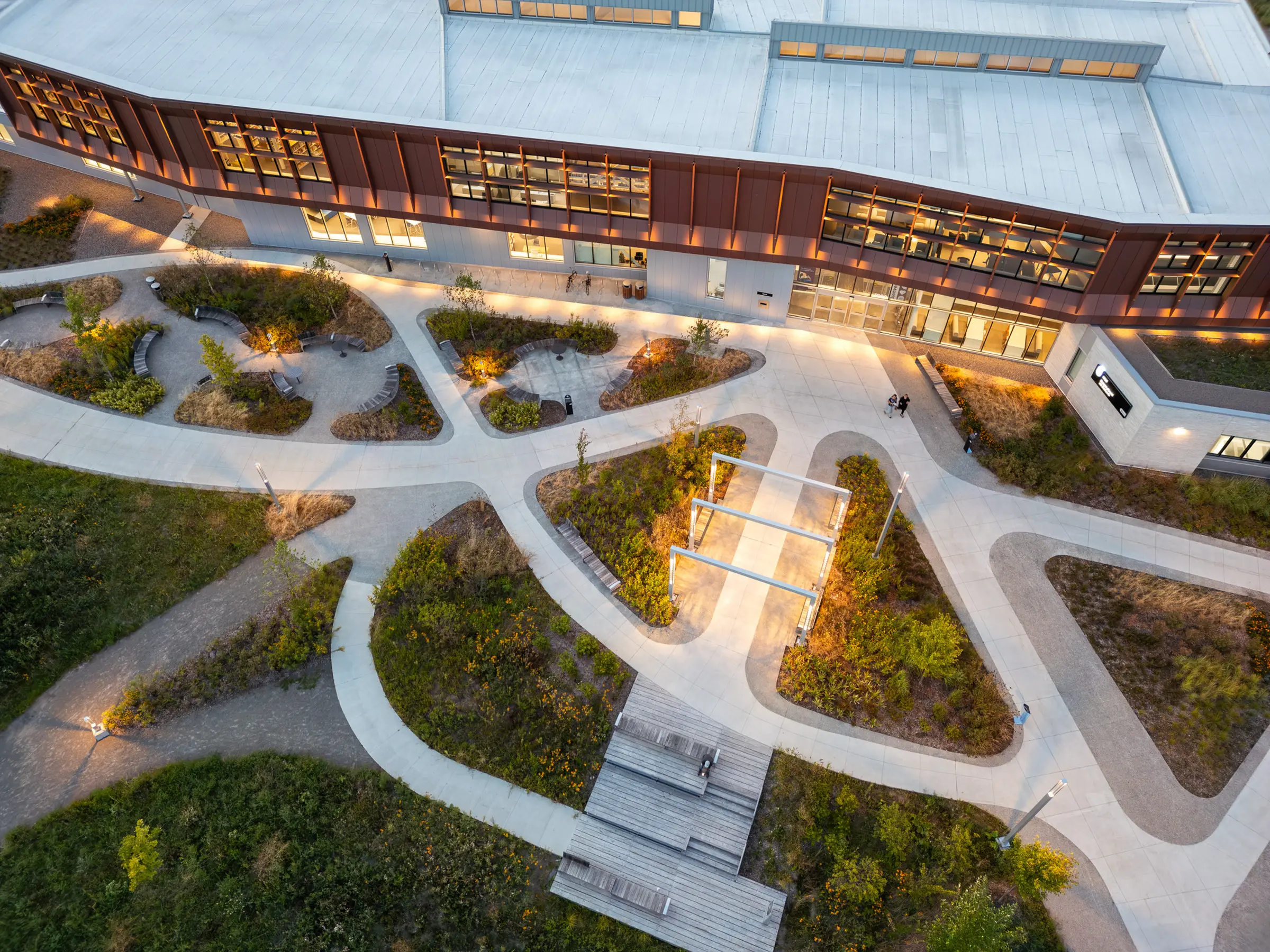 Aerial view of Espace citoyen des Confluents at dusk