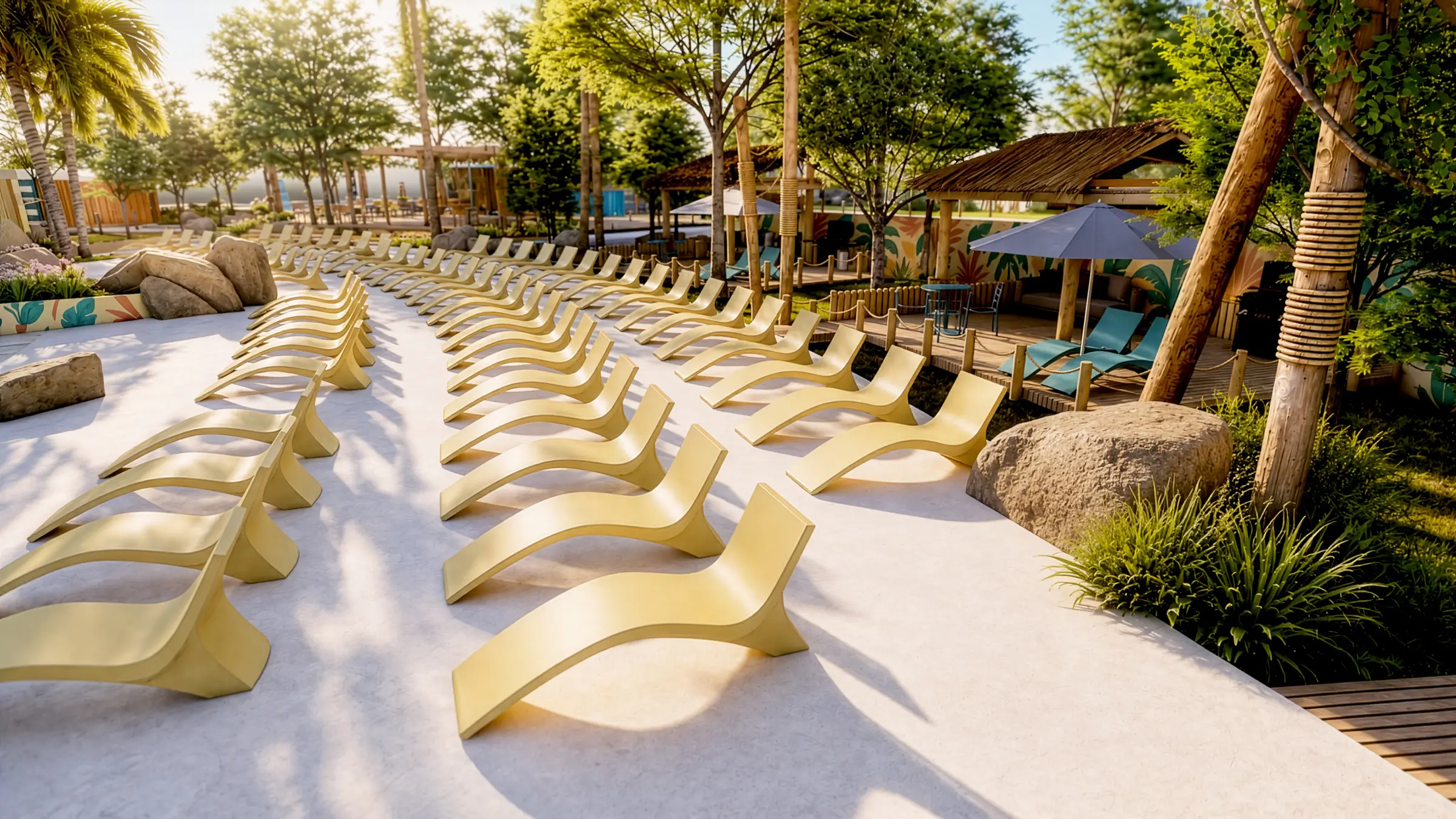Chaises longues pour se détendre à la piscine