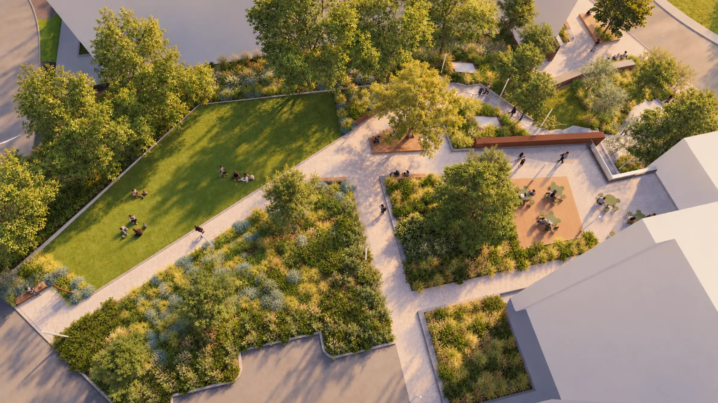 Rendu 3D - Vue aérienne des terrasses et plaine multifonctionnelle