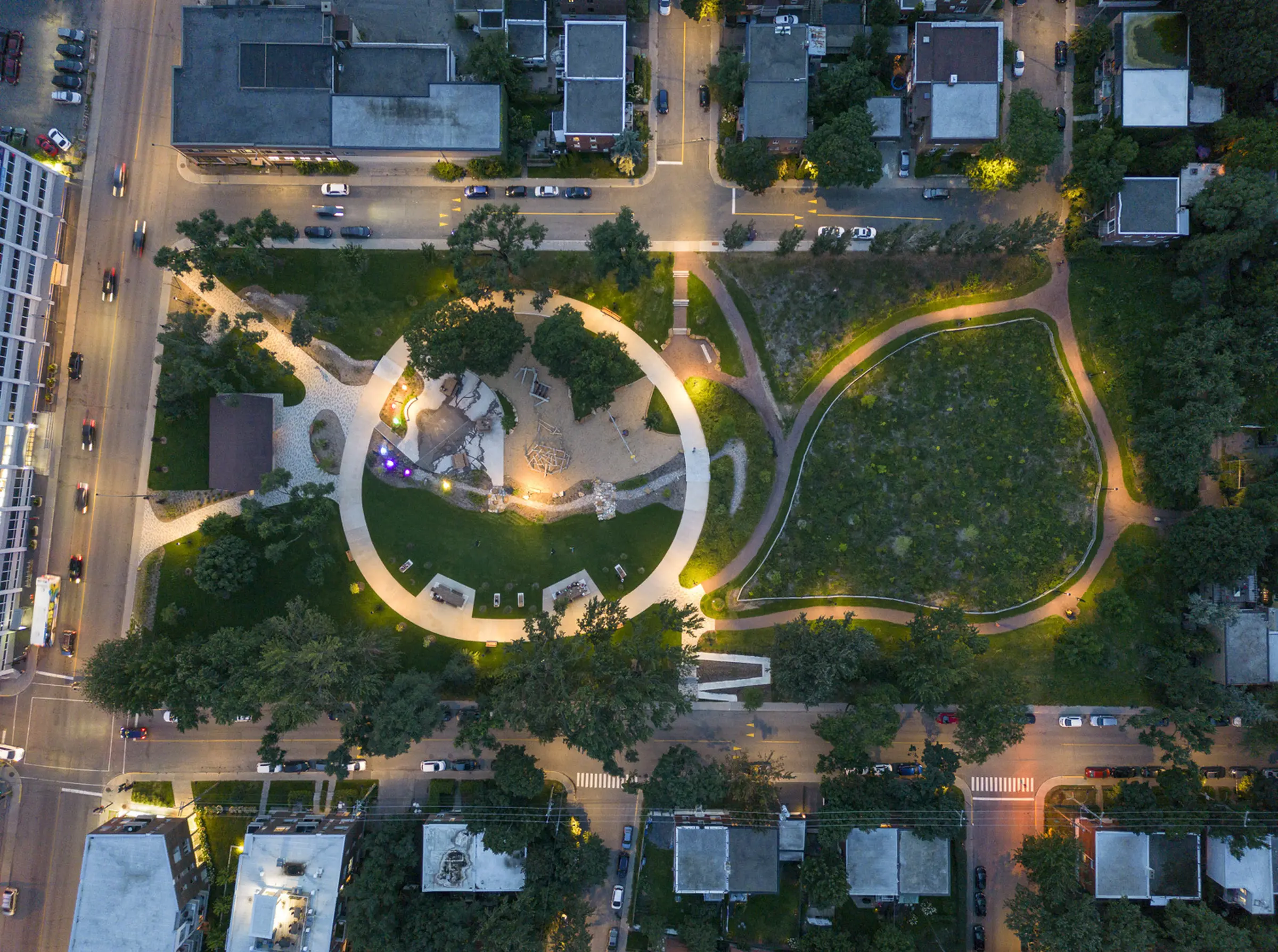 Aerial view at night of the Rosemont Park
